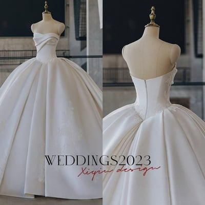 Strapless satin ballgown wedding dress, corset bodice bridal gown with applique, full skirt luxury princess wedding dress