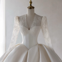Ivory off-the-shoulder satin wedding dress, A-line gown with lace bodice and long sleeves, trailing bridal shape, minimalist bridal gown - Thumbnail 10