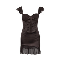 Satin Chiffon Spliced ​​Suspender Dress Square Neck One Shoulder Slim Short Skirt French Dress - Thumbnail 6