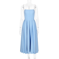 Sexy Deep V Blue Striped Halter Neck Backless Dress Women's Waisted Mid-Length Dress - Thumbnail 6