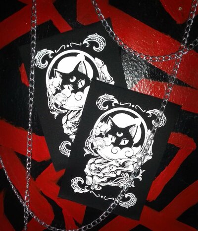 Crystal Ball with Black Cat & Skeleton Hand Goth Punk Horror Patch - Black, White