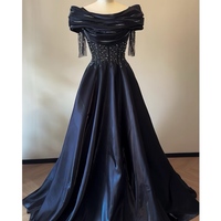 Dark Bule Prom Dress, A-line Prom Dress, Sequined Prom Dress with Off Shoulder Straps, Long Prom Dress with Short Sleeves, Evening Dress - Thumbnail 3