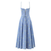 Romantic pastoral style retro blue small chrysanthemum mid-length dress women's suspender dress - Thumbnail 2