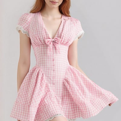 Lace trim bowknot v-neck pure waist mini dress