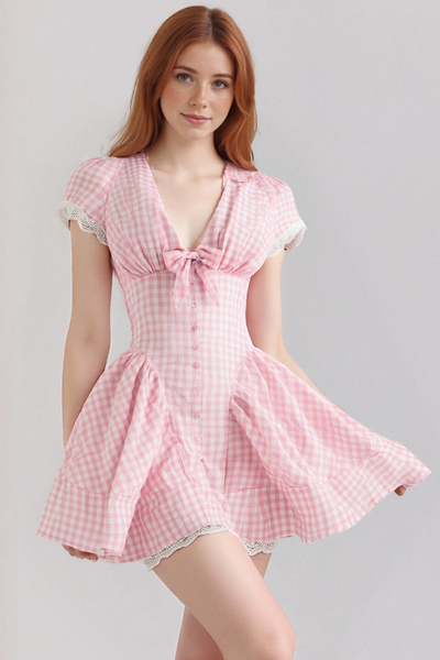 Lace Trim Bowknot V-Neck Pure Waist Mini Dress