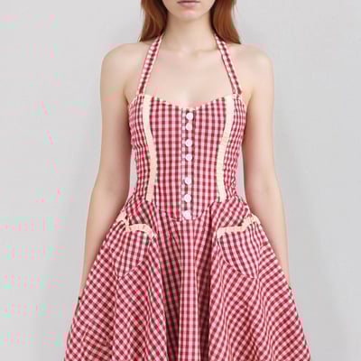 First love sweet red plaid heart pocket halter neck open back waist mini dress