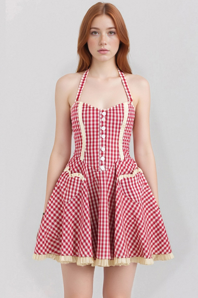 First Love Sweet Red Plaid Heart Pocket Halter Neck Open Back Waist Mini Dress