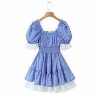 Retro Floral Square Neck Sexy Lace Splicing Elastic Waist Tutu Dress - Thumbnail 4