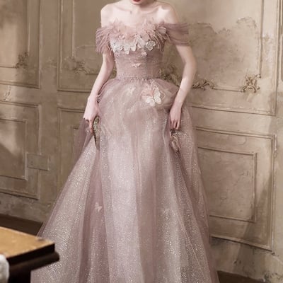 Pink tulle lace long a-line prom dress