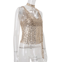Sexy V-neck inner sequin top with sleeveless short vest - Thumbnail 2