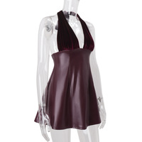Sexy V-neck low-cut halter neck backless PU leather splicing temperament dress - Thumbnail 3