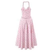 Pink floral sexy waist slimming backless halter neck dress - Thumbnail 2