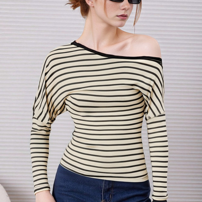Sexy off-shoulder striped waist elastic slim long-sleeved t-shirt