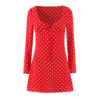 Sexy Square Neck Strap Red Polka Dot Long Sleeve Casual Miniskirt Dress - Thumbnail 2