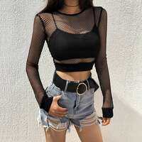 Sexy Black Hollow Out Mesh T-Shirt Female Skinny Crop Top - Thumbnail 2