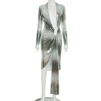 Trendy light-sensory design deep V-neck tight-fitting slit ribbon dress - Thumbnail 4