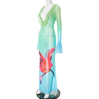 Sexy and elegant floral gradient print mesh ruffle dress - Thumbnail 2