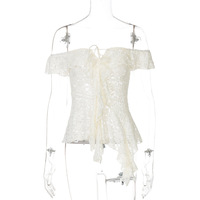 Irregular splicing ribbon women's lace lace-up one-shoulder top - Thumbnail 5