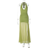 Sexy deep V waist pleated street style long mesh slit halterneck dress - Thumbnail 2