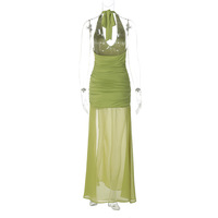 Sexy deep V waist pleated street style long mesh slit halterneck dress - Thumbnail 3