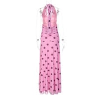 Women's holiday style polka dot V-neck halter dress with backless tie waist - Thumbnail 1