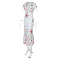 Fashion floral deep V short-sleeved slim mid-length dress - Thumbnail 2
