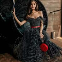 Black Dotted Tulle Short Prom Dresses A Line Off The Shoulder Graudation Dress V-Neck Tea Length Homecoming Gowns - Thumbnail 5