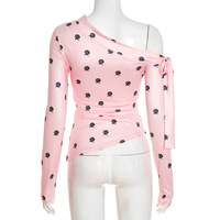 Off-shoulder rose print top with slanted neckline and lace-up - Thumbnail 5