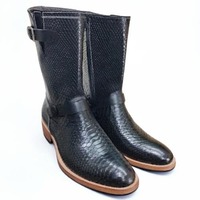 Crafted Leather Classic Men Black Python Leather Buckle Strap Cowboy Boot - Thumbnail 4