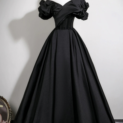 Black satin long prom dress, black a-line evening party dress