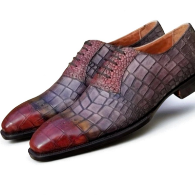 Crafted leather handmade men gray red patina crocodile leather oxford lace up dress shoes
