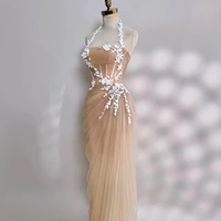 Champagne Dusty Pink Wedding Dress with Airy Tulle Skirt and White Lace Appliqué - Thumbnail 5