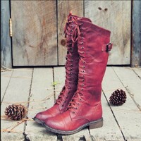 Women's low heel belt buckle lace-up knight boots high boots  - Thumbnail 3