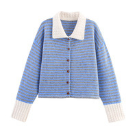 Contrast striped lapel long-sleeved sweater knitted cardigan jacket - Thumbnail 1