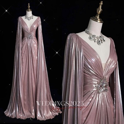 Elegant Light Pink ‌Deep V-neck Cape Design Pleated Waist Crystal Embellishment ‌ Formal Prom Dresses