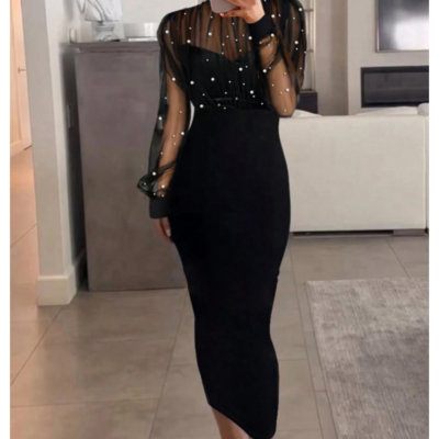 Women's fashion mesh nail bead long sleeved hip hugging dress