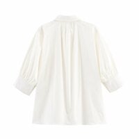Fashion solid color puff sleeve pleated shirt - Thumbnail 2