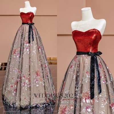 Red lace with black belt a-line floor length evening dress 