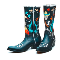 Crafted Leather Classic Dress Shoes Black Leather Fancy Cowboy Boots  - Thumbnail 3
