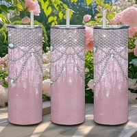 Pink Glam Rhinestone Tumbler | Cascading Crystal Pearls & Sparkles Travel Cup with Metal Straw | Free Ship  - Thumbnail 3