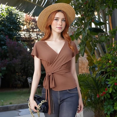 Sexy cross-over v-neck tie-string slim-fit shawl t-shirt