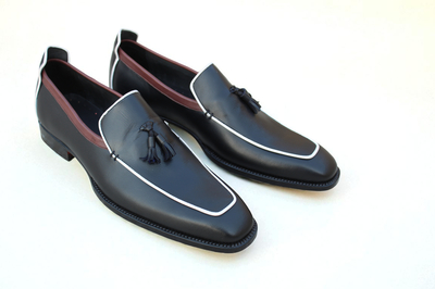 Crafted Leather Classic Handmade Black with White Lining Tassel Loafers Shoes 