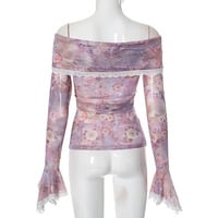 One-shoulder floral print ruffled lace trim mesh long-sleeved top - Thumbnail 1