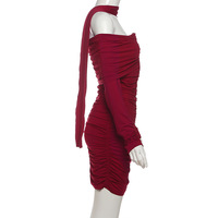 Sexy one-shoulder tube top long-sleeved pleated neck hip-hugging slim dress - Thumbnail 5