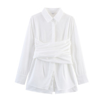 Solid color lace-up pleated shirt fake two-piece shirt - Thumbnail 1