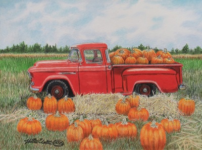 Truck Load Of Pumpkins, Original colored pencil artwork, By N.E.Thompson size 9x12 inches