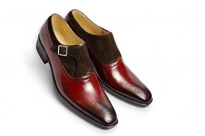 Crafted Leather Classic Brown Suede Burgundy Patina Monk Strap Loafers Dress Shoes