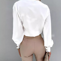 V-Neck Solid Color Long Sleeved White Top - Thumbnail 2