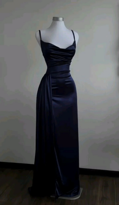 Sheath A line Navy Blue Satin Prom Dresses For Party