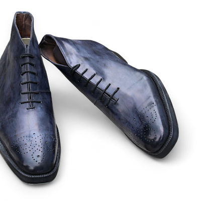 Crafted leather bespoke dress shoes gray patina leather chukka style ankle boot